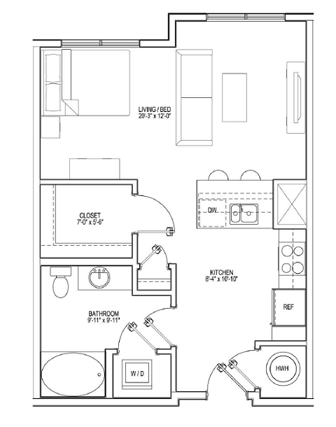 Floor plan for studio, 1 bath, 620 sqft